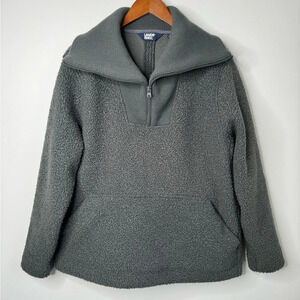 Lands’ End Gray Contrast Ribbed Exaggerated Collar Quarter Zip Teddy Pullover‎